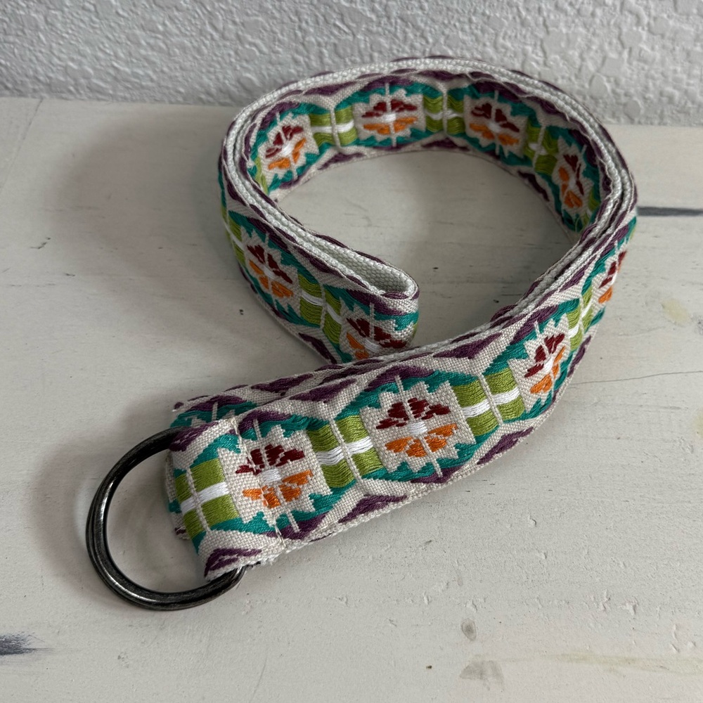 Colorful Embroidered Aztec Patterned Belt with Metal Buckle Adjustable Boho